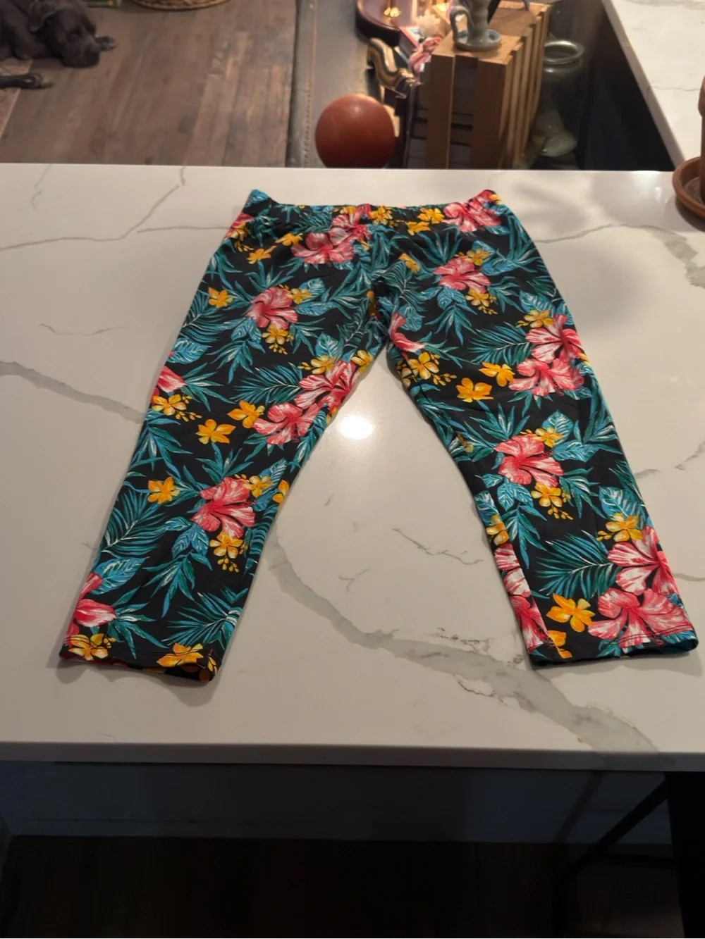 No Boundaries Black Tropical Floral Capri Leggings with Pink & Yellow Flowers